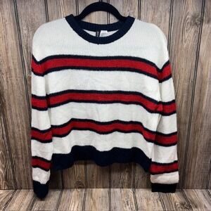 Divided H&M Striped Knit Sweater White Red Navy Crew Neck Long Sleeve Small